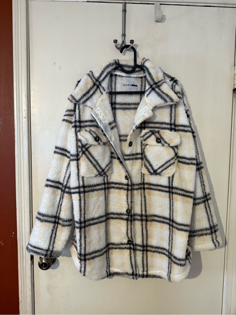 Fashion Nova Cream Plaid Teddy Shacket with Black & Yellow Trim